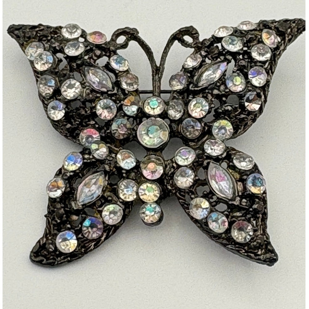 Vintage Aurora Borealis Rhinestone Butterfly Brooch Pin Japanned Black Metal
